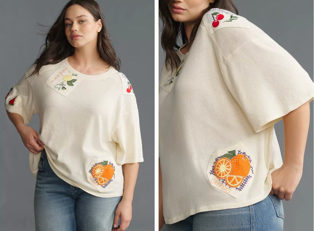 Anthropologie Maeve Short-Sleeve Fruit-Embroidered Top | Size XL